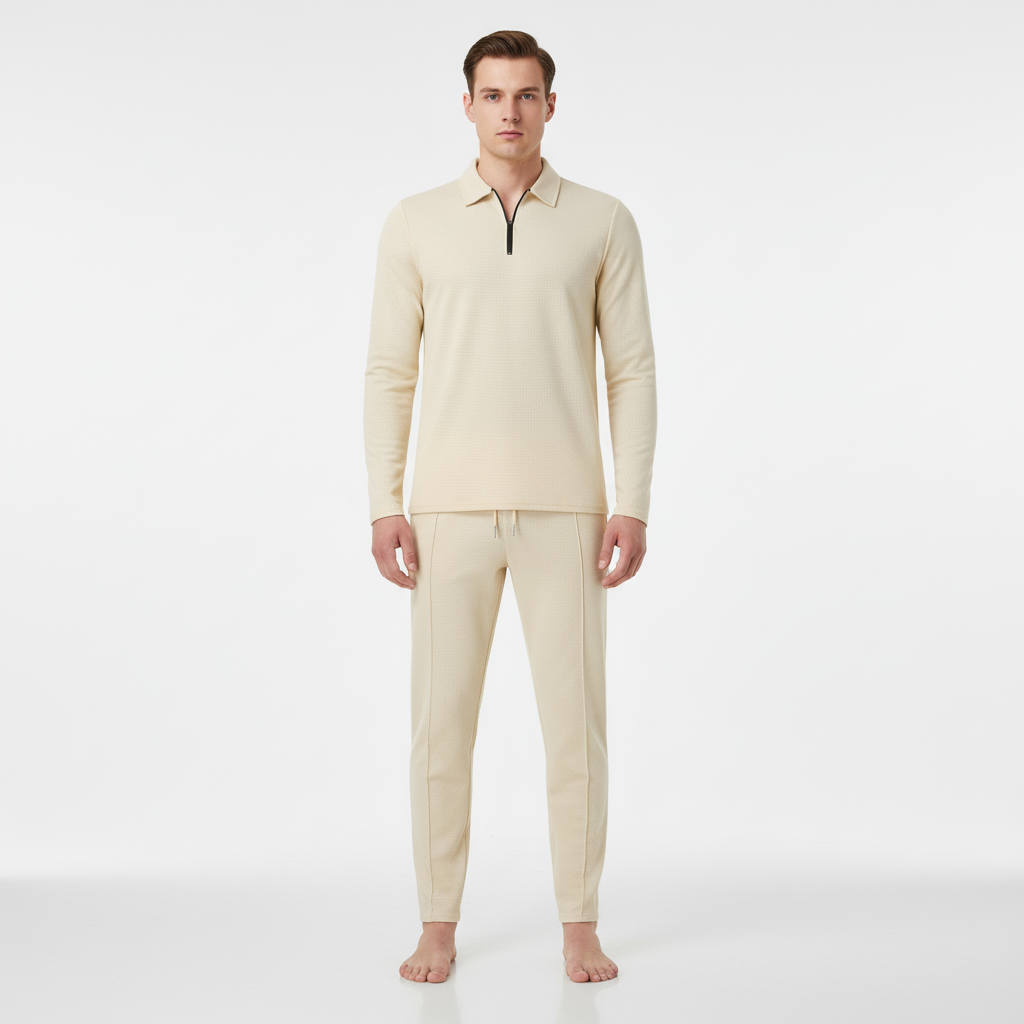 Side view of model wearing Felix men's sporty leisure set, showing fit of long-sleeve and joggers.