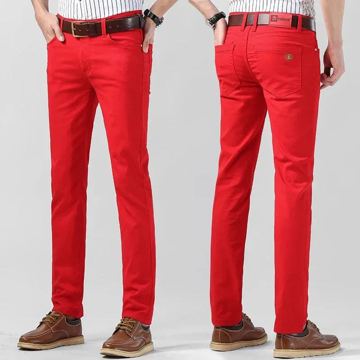 Bold pink Fireline stretch denim statement trousers for men, perfect for trendy partywear.