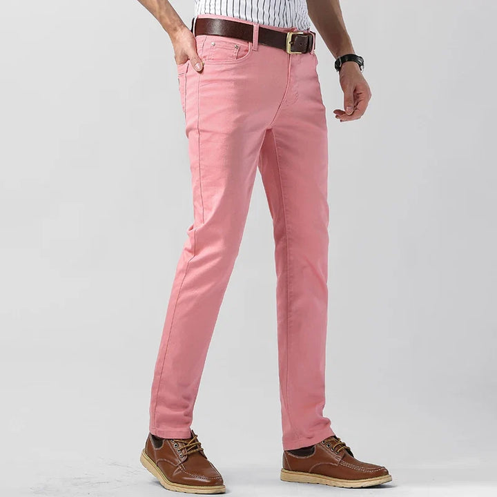 Trendy yellow Fireline stretch denim men's trousers, comfortable for daywear or night out.