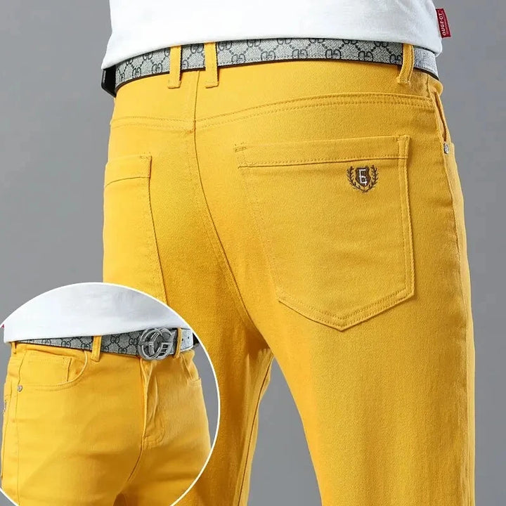 Colorful Fireline stretch denim men's trousers, a unique bold fashion statement for any occasion.