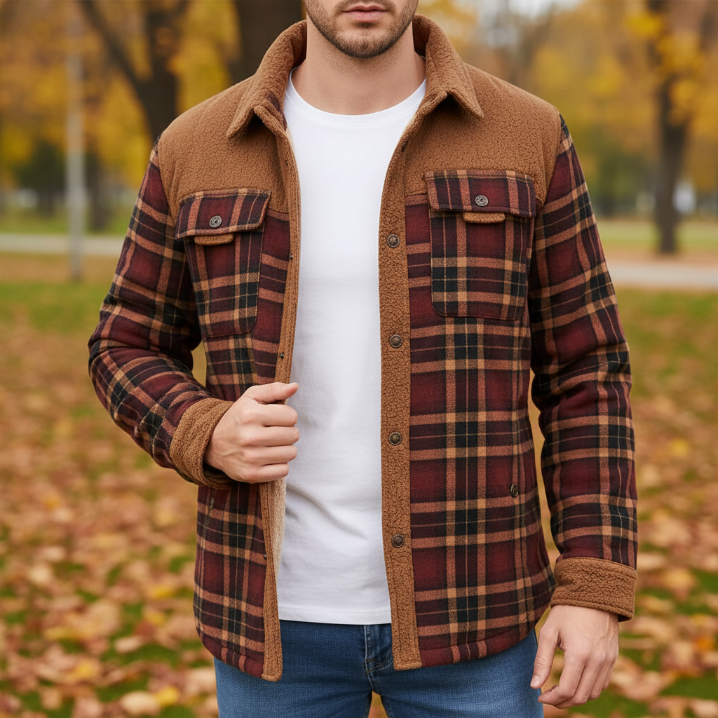 Men's flannel padded jacket, diamond pattern, warm winter outerwear, casual style