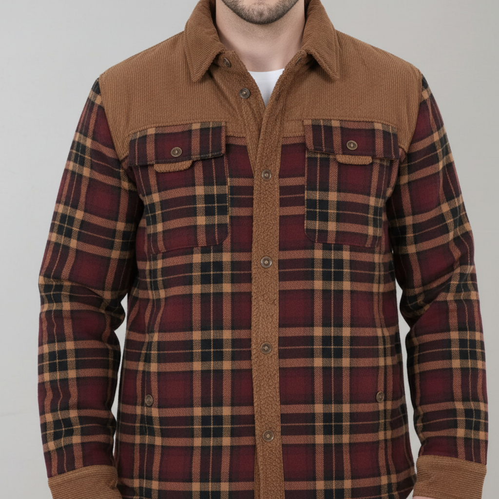 Close-up of diamond-patterned flannel fabric on men's warm winter jacket