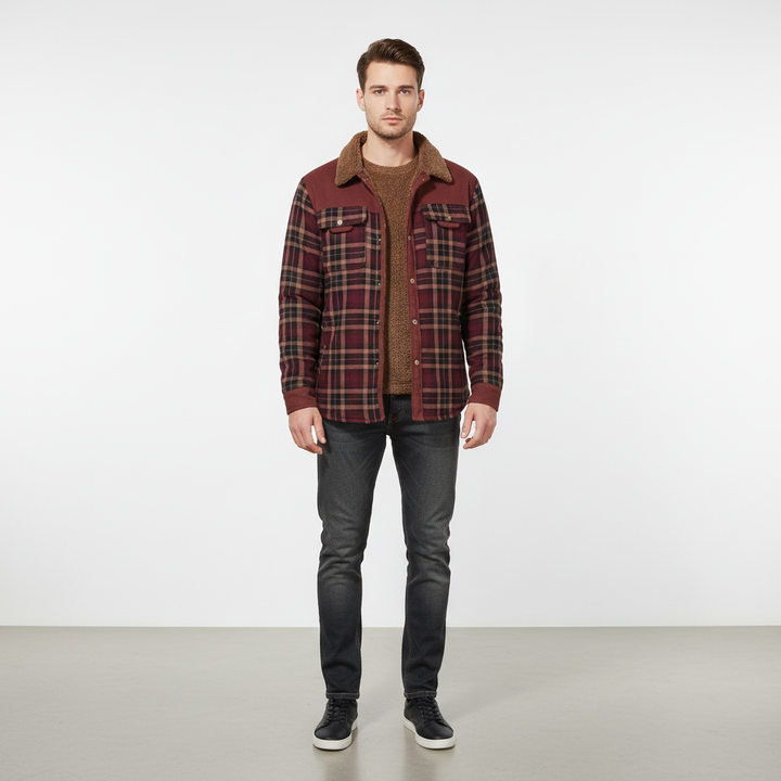 Full view of men's checkered padded flannel jacket, warm and comfortable outerwear