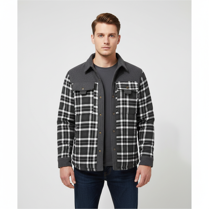 Detail of a men's casual padded flannel jacket, featuring a unique diamond pattern