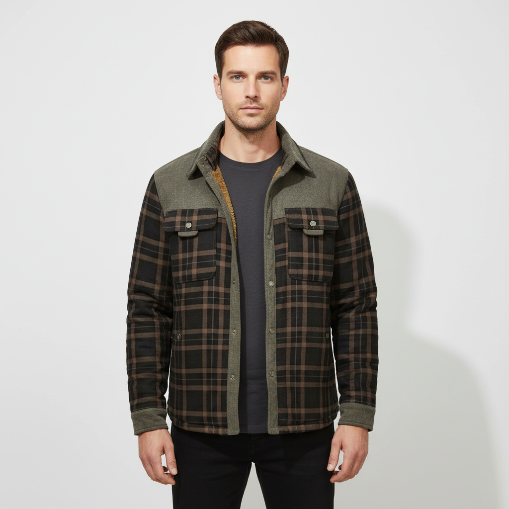 Cozy men's flannel winter jacket, padded with a distinctive diamond pattern