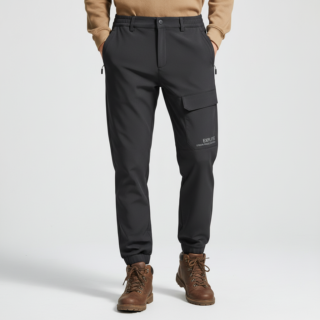 Outdoor shot of men's cold weather cargo pants, perfect for hiking, camping, and other winter sports