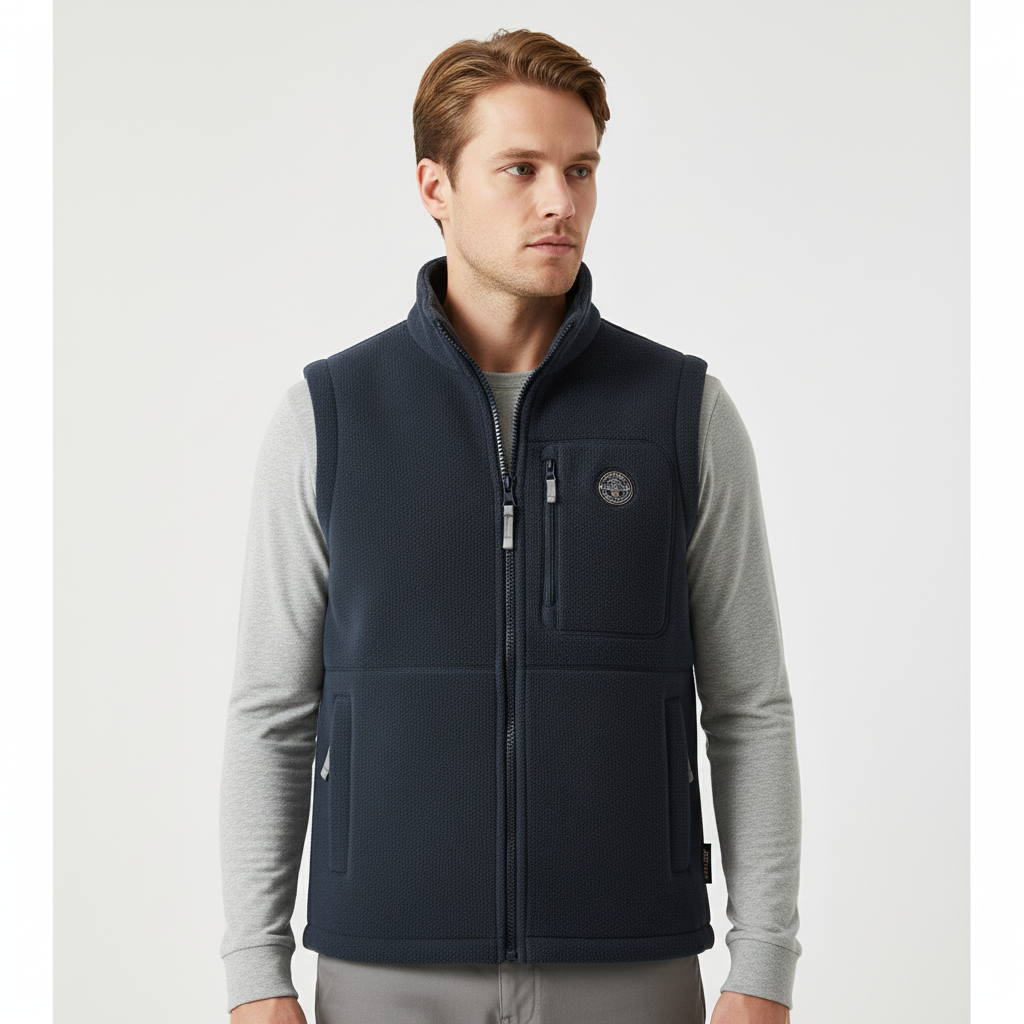 Warm, windproof men's sleeveless fleece vest featuring secure zipper pockets
