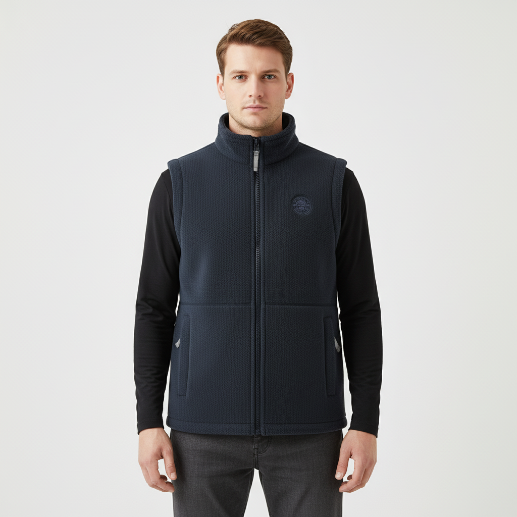 Athletic men's fleece vest in black, designed for warmth and wind protection with zipper pockets