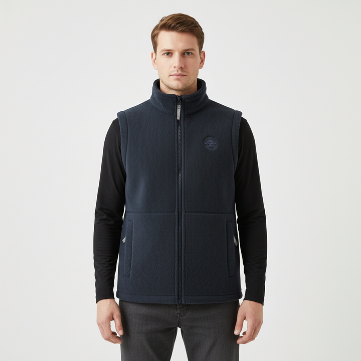 Athletic men's fleece vest in black, designed for warmth and wind protection with zipper pockets