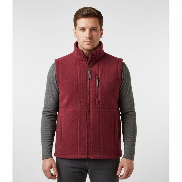 Close-up of a men's fleece vest showing the texture and detail of the zipper pockets