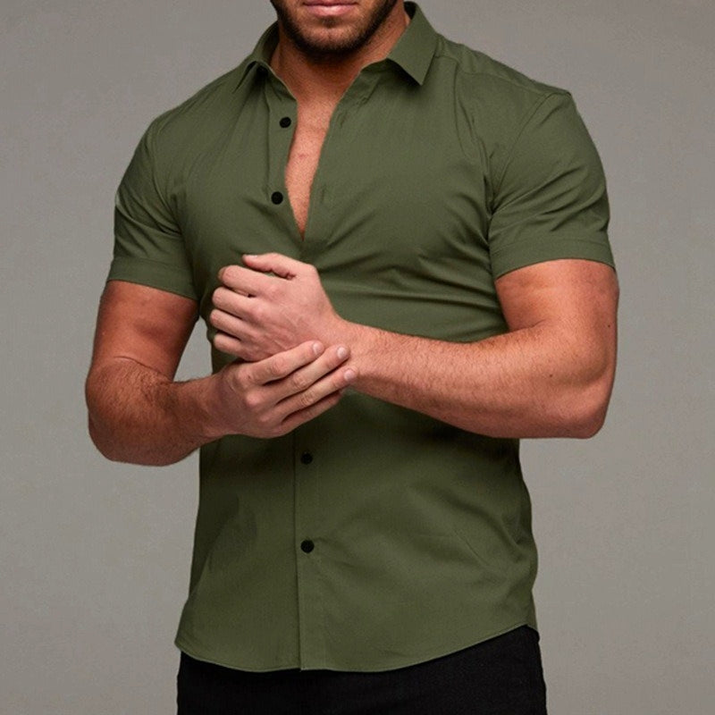 Tailored Men's Flex-Fit Short Sleeve Shirt. Athletic performance wear for easy movement & smart casual style.