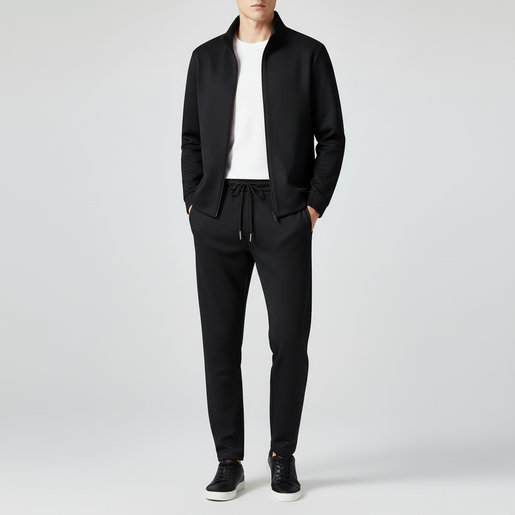 Close-up of flexible lycra fabric on men's lounge suit, highlighting comfort and versatile menswear