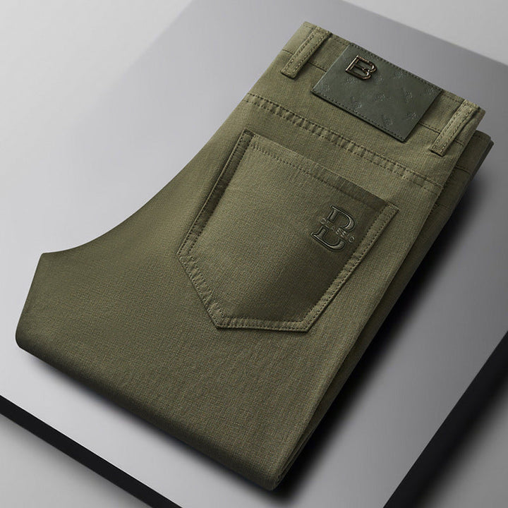 Modern men's cotton blend stretch trousers, ideal for workwear or casual comfort. Performance apparel.