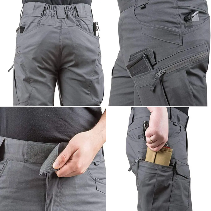 Close-up of the waistband and button closure on FlexTrek Elite men's stretch hiking shorts
