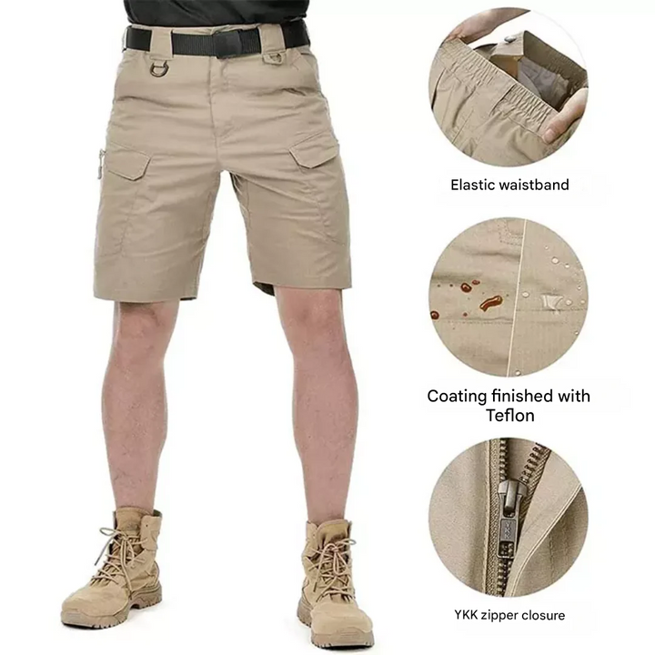 Detailed image of the zipper and reinforced stitching on a pocket of FlexTrek Elite men's shorts