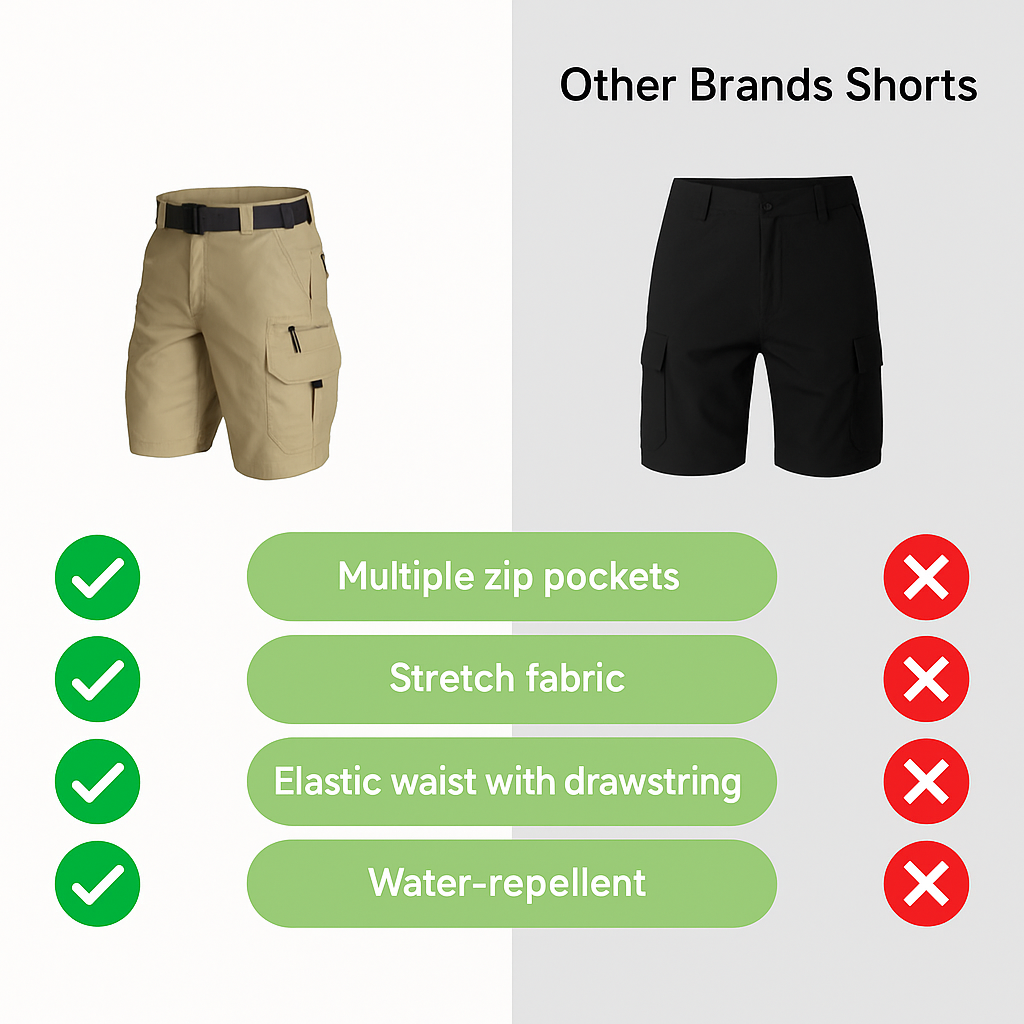 Stack of FlexTrek Elite men's cargo shorts in various colors, showcasing durable quick-dry material