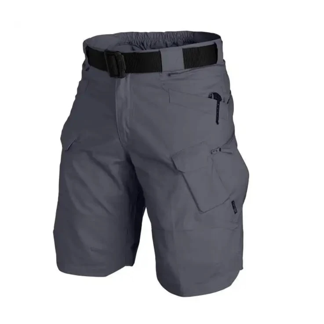 Close-up of the durable fabric and secure zip pockets on FlexTrek Elite men's outdoor cargo shorts