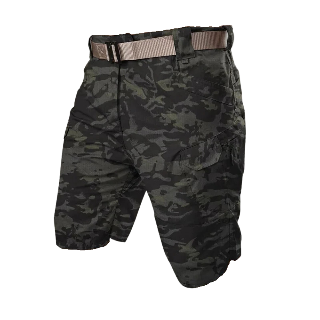 FlexTrek Elite men's outdoor shorts in a neutral color, folded neatly to show quick-dry fabric