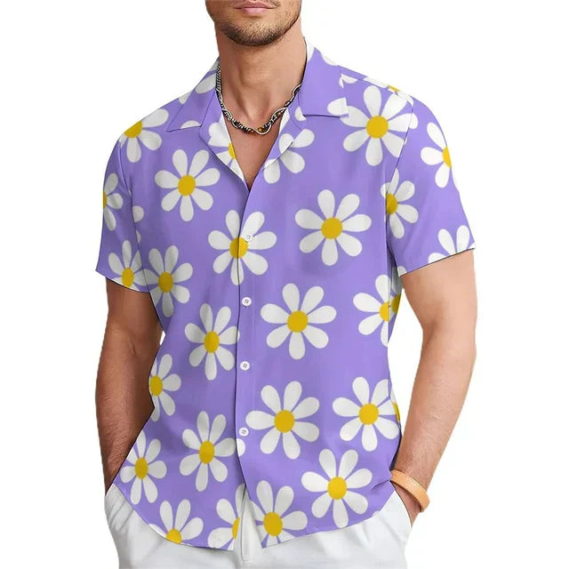 Casual men's short-sleeve floral print shirt featuring a notched collar, a trendy choice for summer and beach wear.