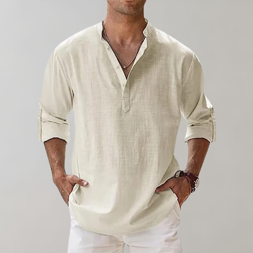 Full shot of a man wearing the comfortable & stylish Florian everyday shirt. Ideal for a modern casual look.