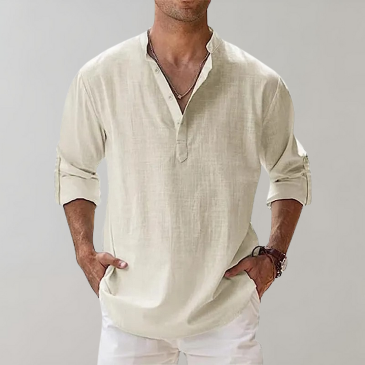 Full shot of a man wearing the comfortable & stylish Florian everyday shirt. Ideal for a modern casual look.