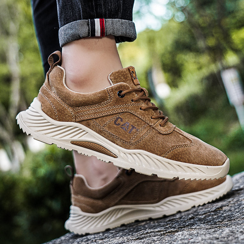 Side view of Men's Forge Comfort Urban Sneakers, khaki, showcasing stylish design.