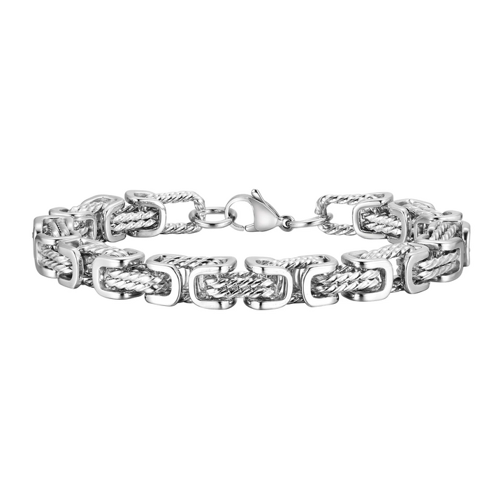 Close-up of men's forged stainless steel chain bracelet, highlighting sleek, polished links.