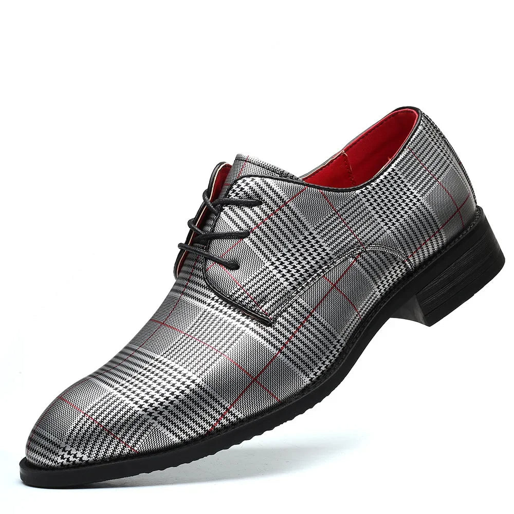 Man wearing modern plaid contrast oxford dress shoes. A statement piece for men's professional fashion.