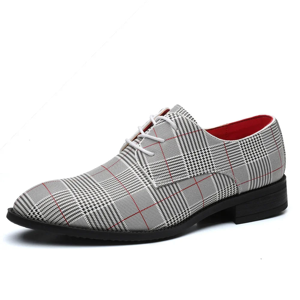 High-quality men's oxford dress shoes with striking plaid contrast, perfect for formal & business occasions.