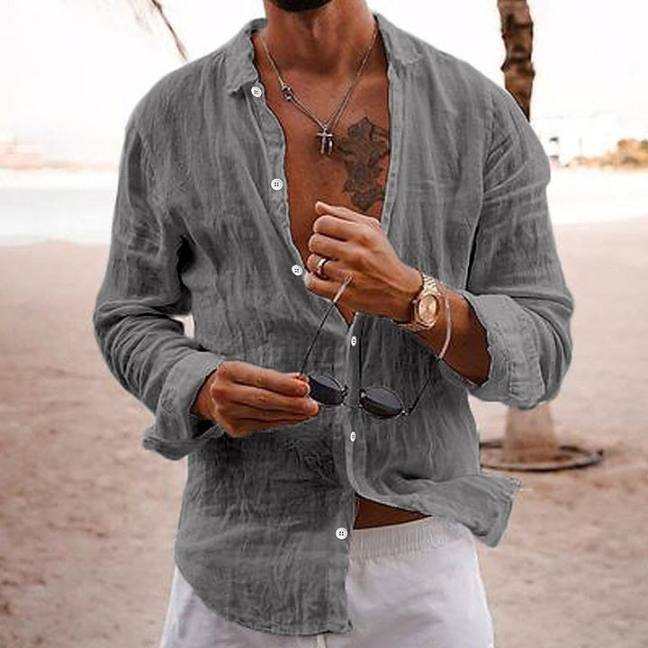 Stylish man wearing Francesco breathable cotton long sleeve shirt, perfect for casual summer menswear