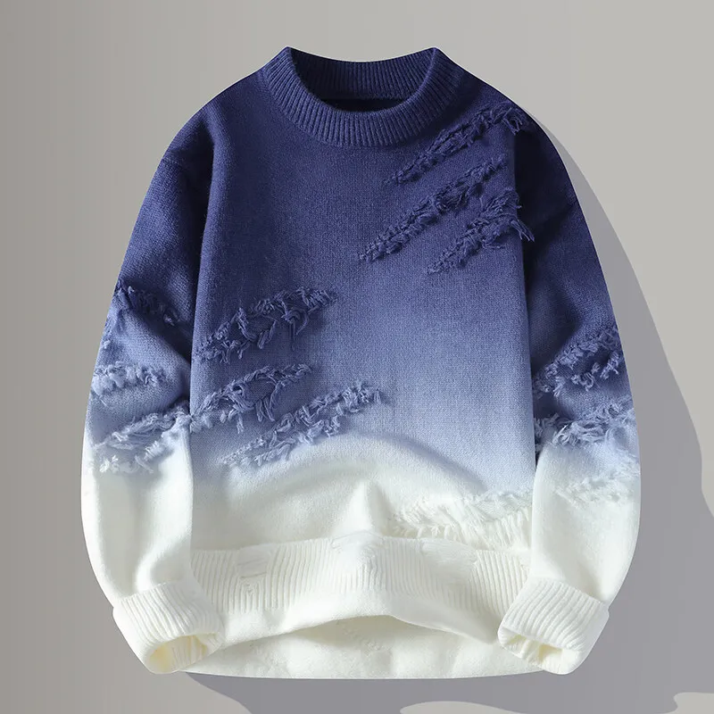 Men's Frayborn distressed pullover, a black & grey gradient long sleeve top with a relaxed fit, perfect for casual streetwear.