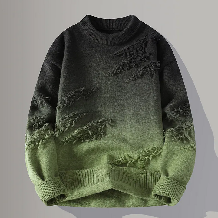 Distressed Men's Frayborn pullover with a unique black-to-grey ombre gradient, long sleeves & relaxed fit for casual wear.