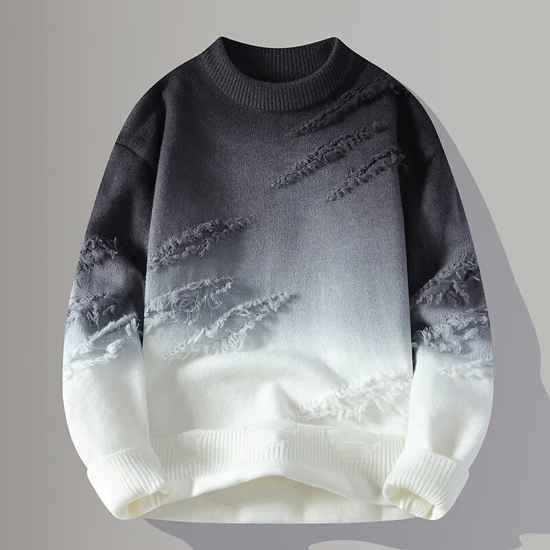 Casual men's distressed pullover, Frayborn long sleeve top in a black & grey gradient, ideal for modern streetwear outfits.