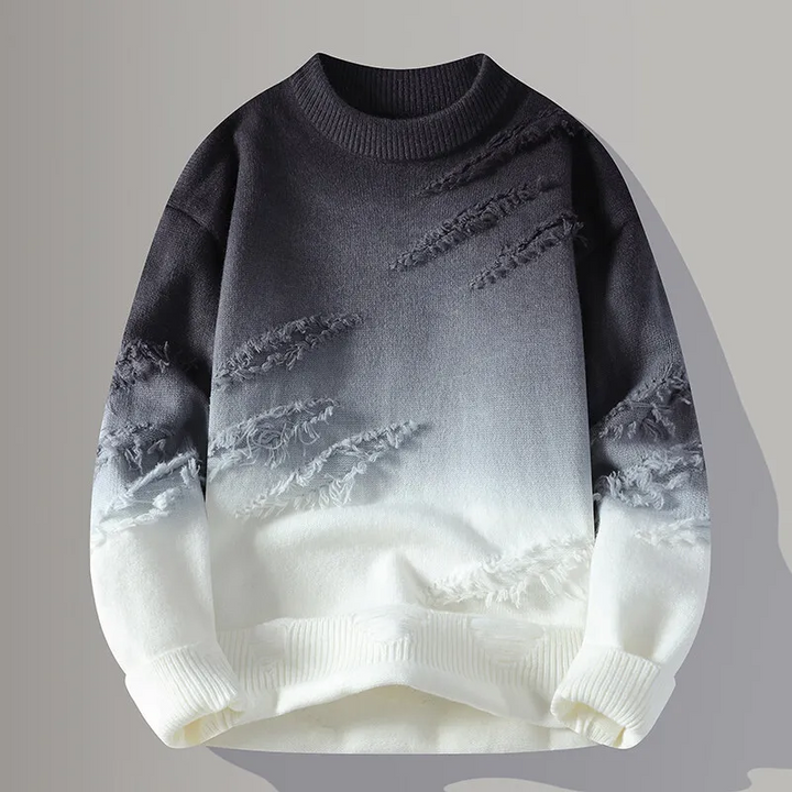 Casual men's distressed pullover, Frayborn long sleeve top in a black & grey gradient, ideal for modern streetwear outfits.