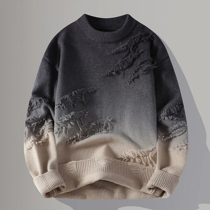 Unique men's Frayborn distressed pullover, black & grey ombre long sleeve top, relaxed fit for a stylish casual look.