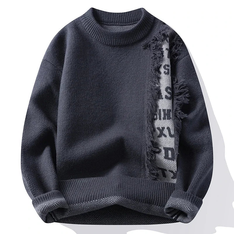 Stylish men's long sleeve frayed knit sweater with unique contrast details, ideal for casual outfits.