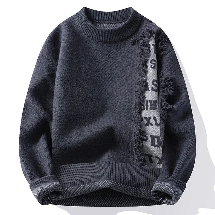 Stylish men's long sleeve frayed knit sweater with unique contrast details, ideal for casual outfits.