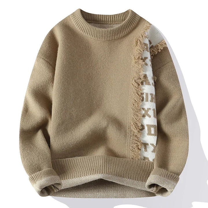 Unique men's statement piece: frayed knit sweater with striking contrast design & comfortable relaxed fit.