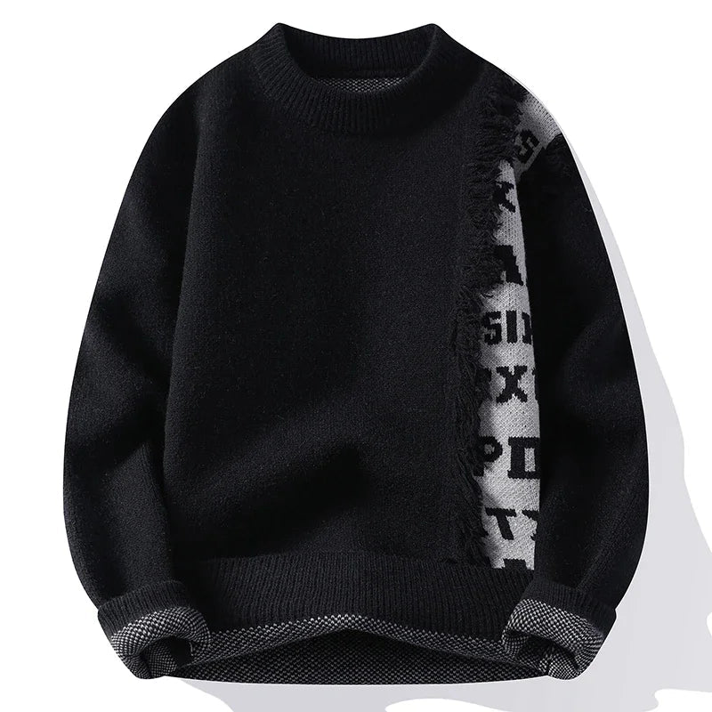 Comfortable men's relaxed fit knit sweater, featuring stylish frayed edges and a standout contrast design.