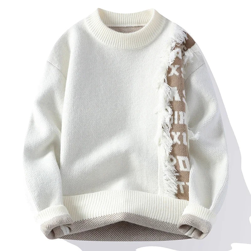 Men's casual long sleeve knit sweater, frayed edges & contrast accents for a unique, stylish look.