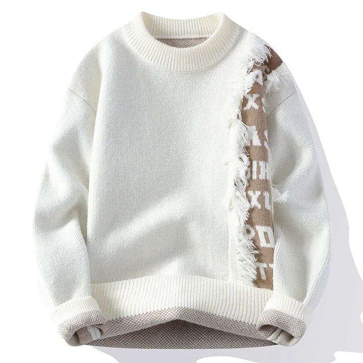 Men's casual long sleeve knit sweater, frayed edges & contrast accents for a unique, stylish look.