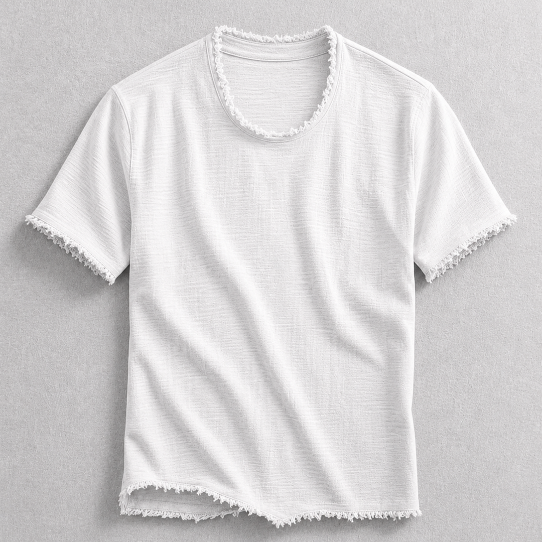 Basic men's short sleeve cotton blend tee with frayed edges, offering comfort and style for everyday casual wear.