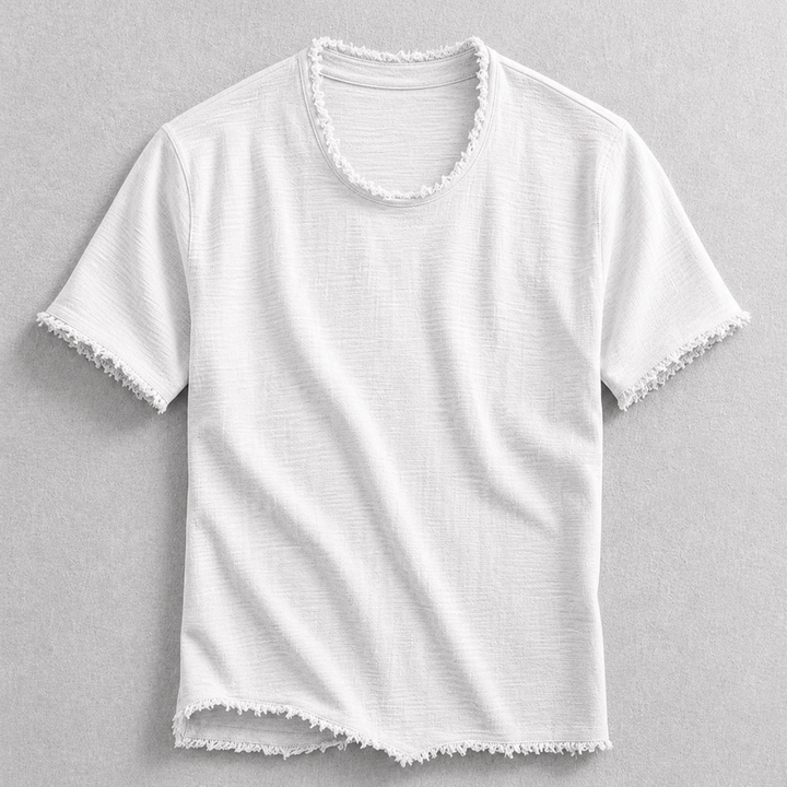 Basic men's short sleeve cotton blend tee with frayed edges, offering comfort and style for everyday casual wear.