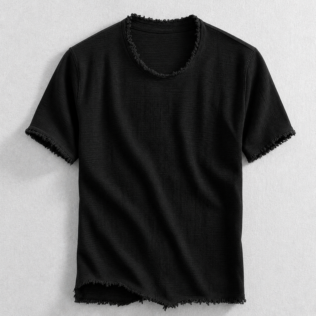 Modern men's short sleeve frayed edge t-shirt in a comfortable cotton blend, perfect for a stylish casual look.