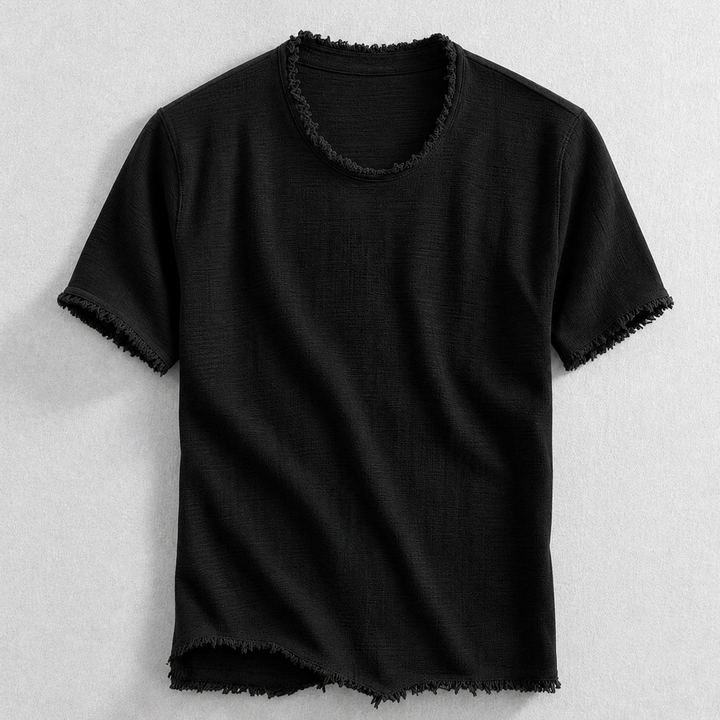 Modern men's short sleeve frayed edge t-shirt in a comfortable cotton blend, perfect for a stylish casual look.