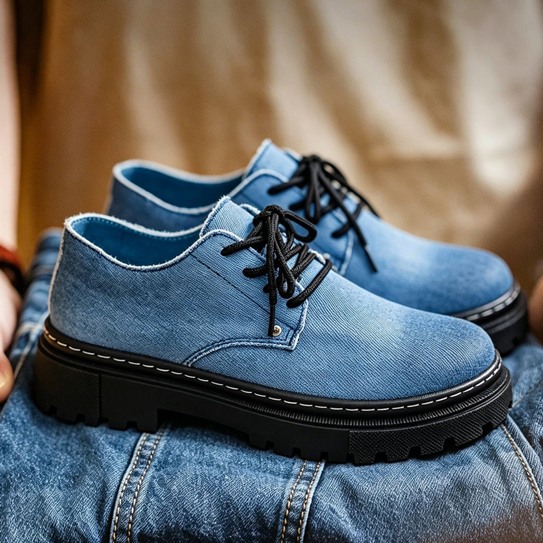 Comfortable men's frayed blue denim lace-up shoes for stylish summer footwear.