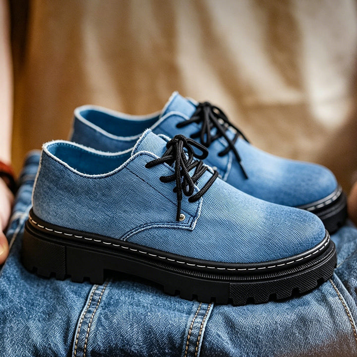 Comfortable men's frayed blue denim lace-up shoes for stylish summer footwear.
