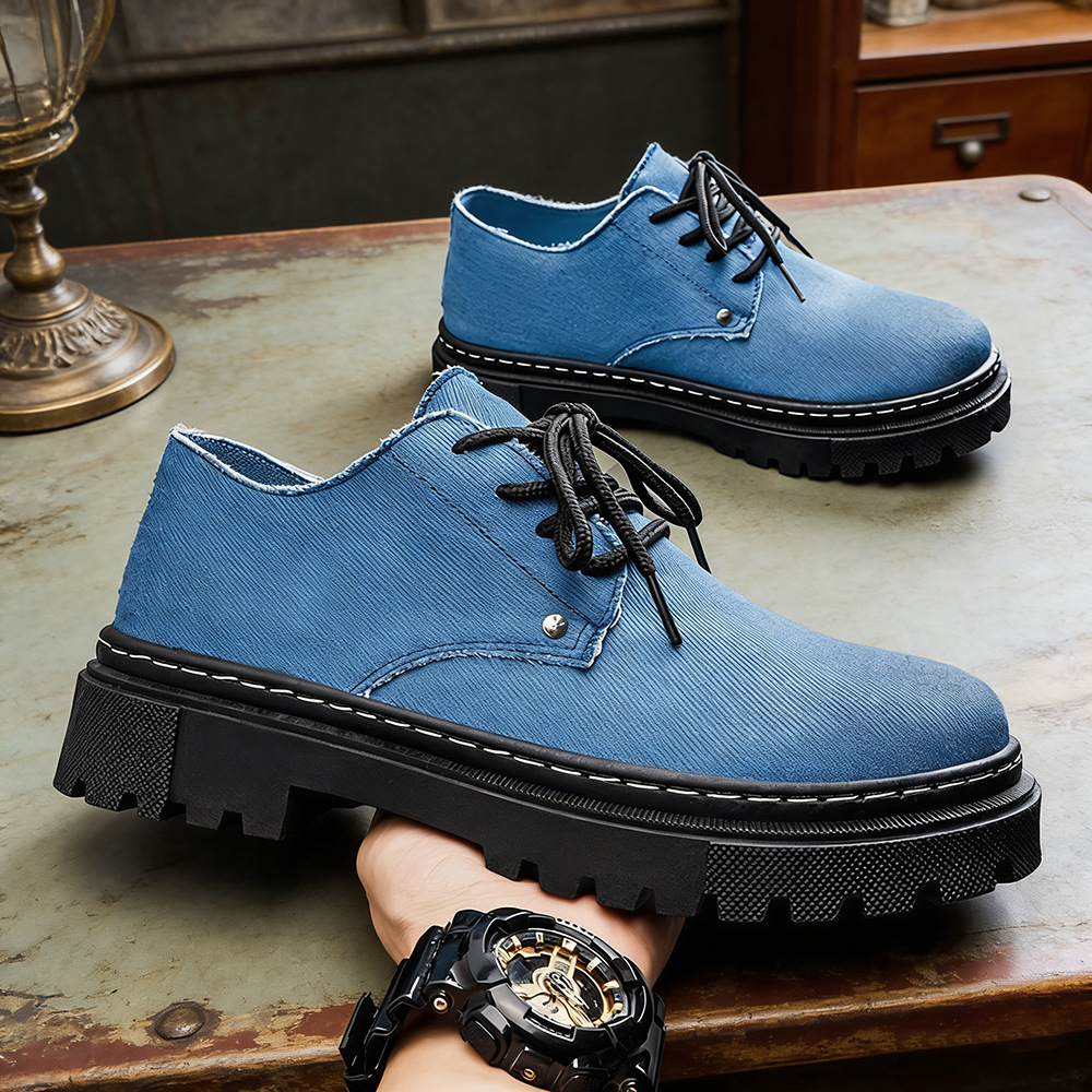 Blue men's frayed denim casual shoes, perfect comfortable summer sneakers.