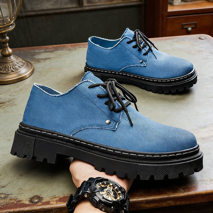 Blue men's frayed denim casual shoes, perfect comfortable summer sneakers.
