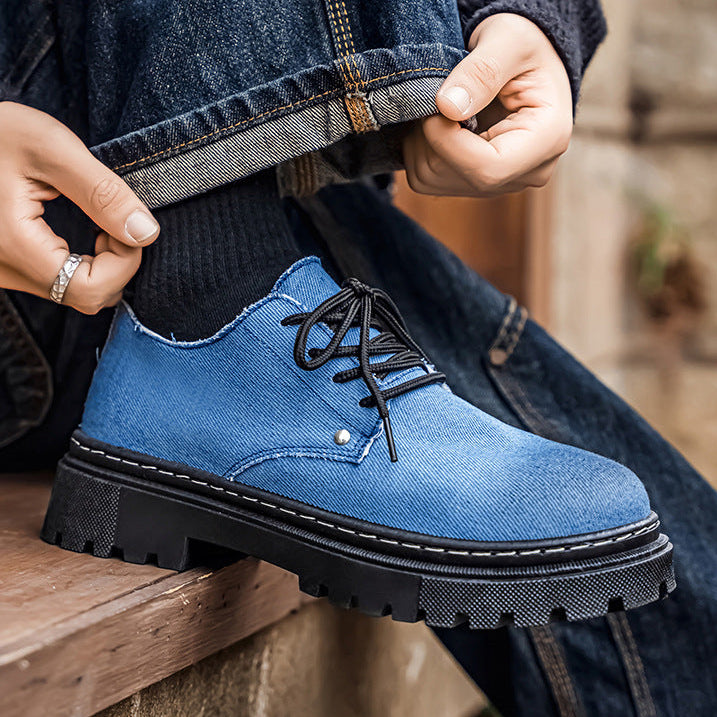 White men's frayed denim lace-up shoes, a comfortable summer fashion choice.